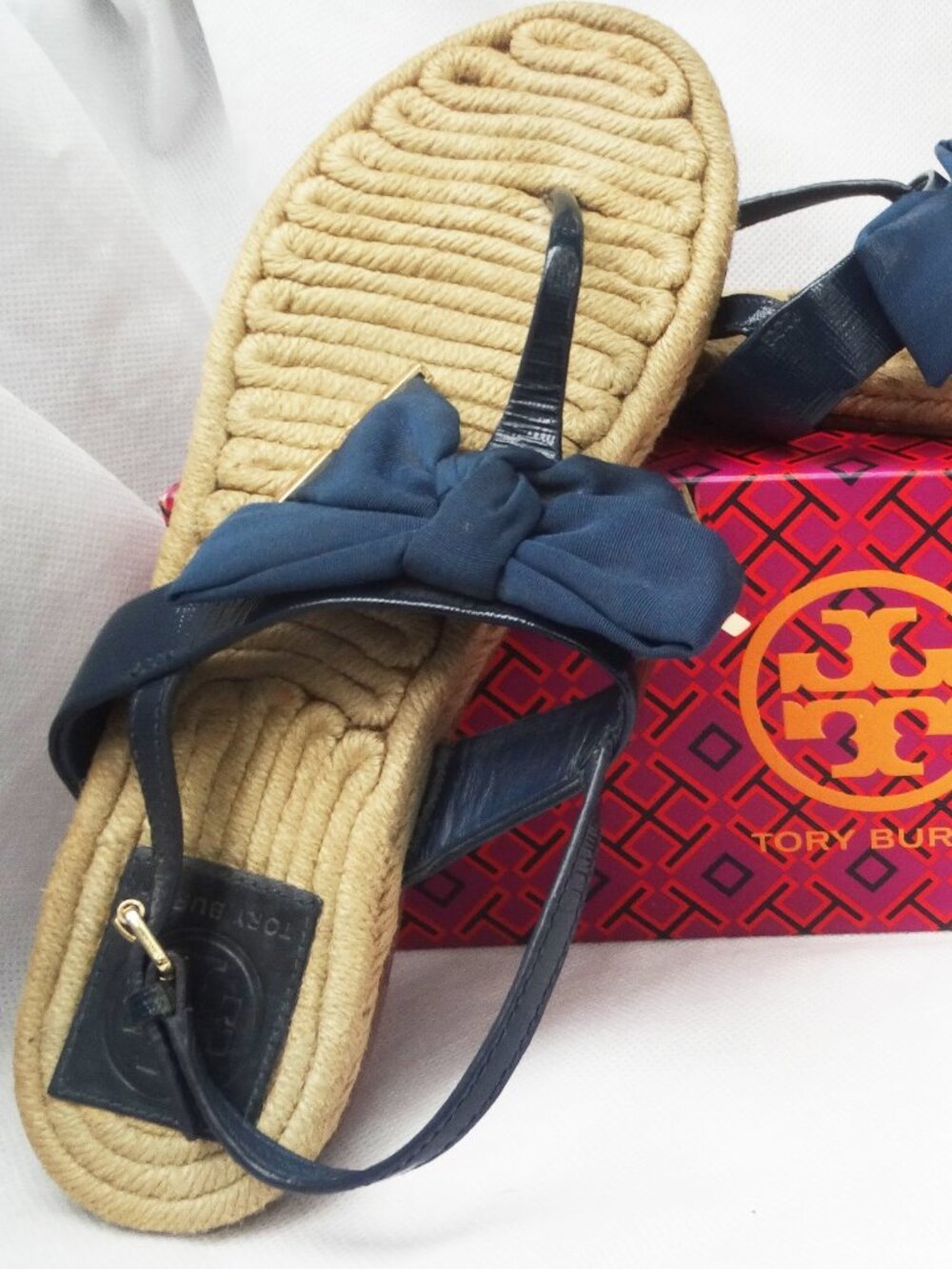 TORY BURCH 8M Penny Flat Bow Espadrille Thong Sandals, navy blue - Picture 2 of 9